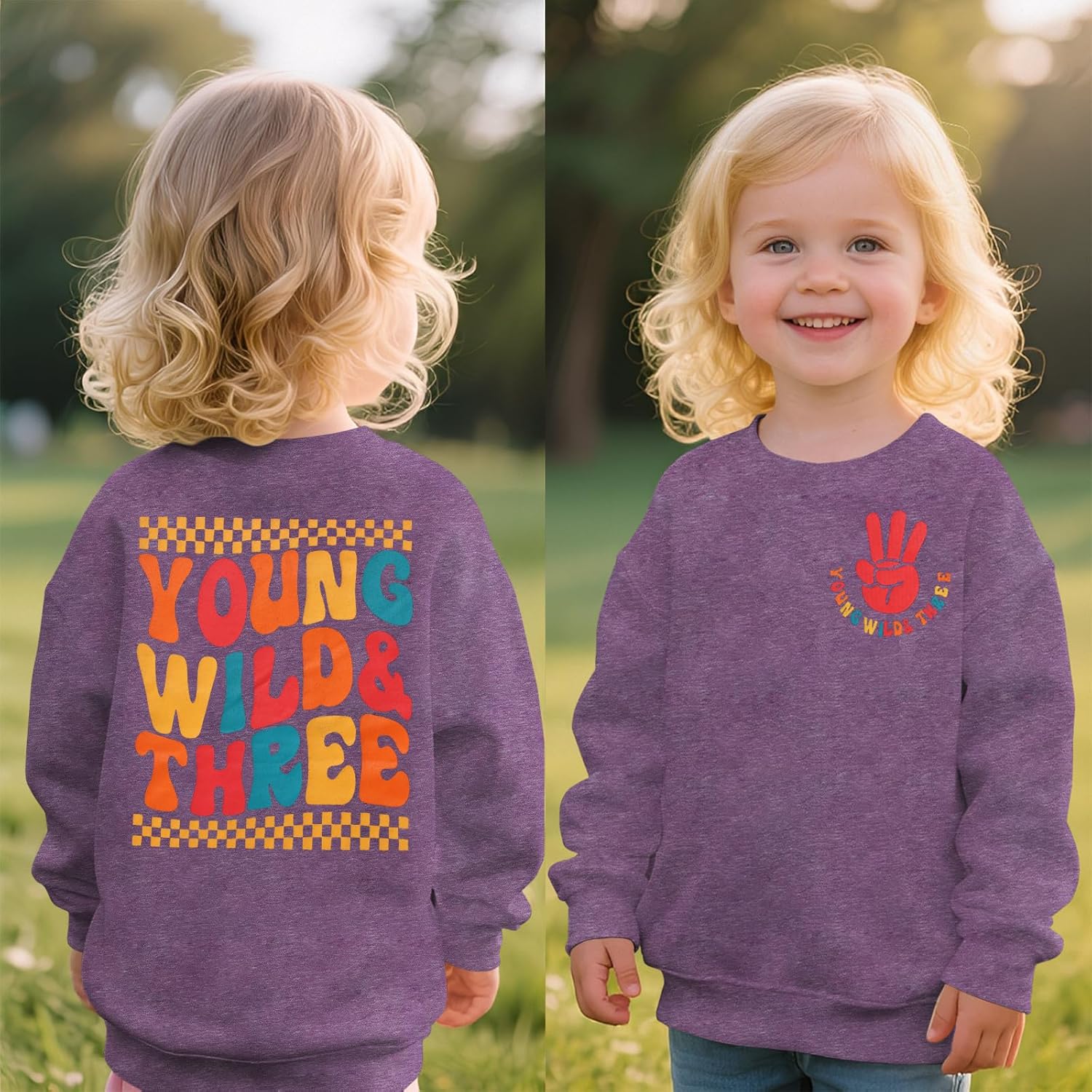 MODNTOGA Young Wild and Three Shirt Toddler Girl Third Birthday Sweatshirt 3rd Birthday Crewneck Outfit 3T B-Day Party Tops - Image 2