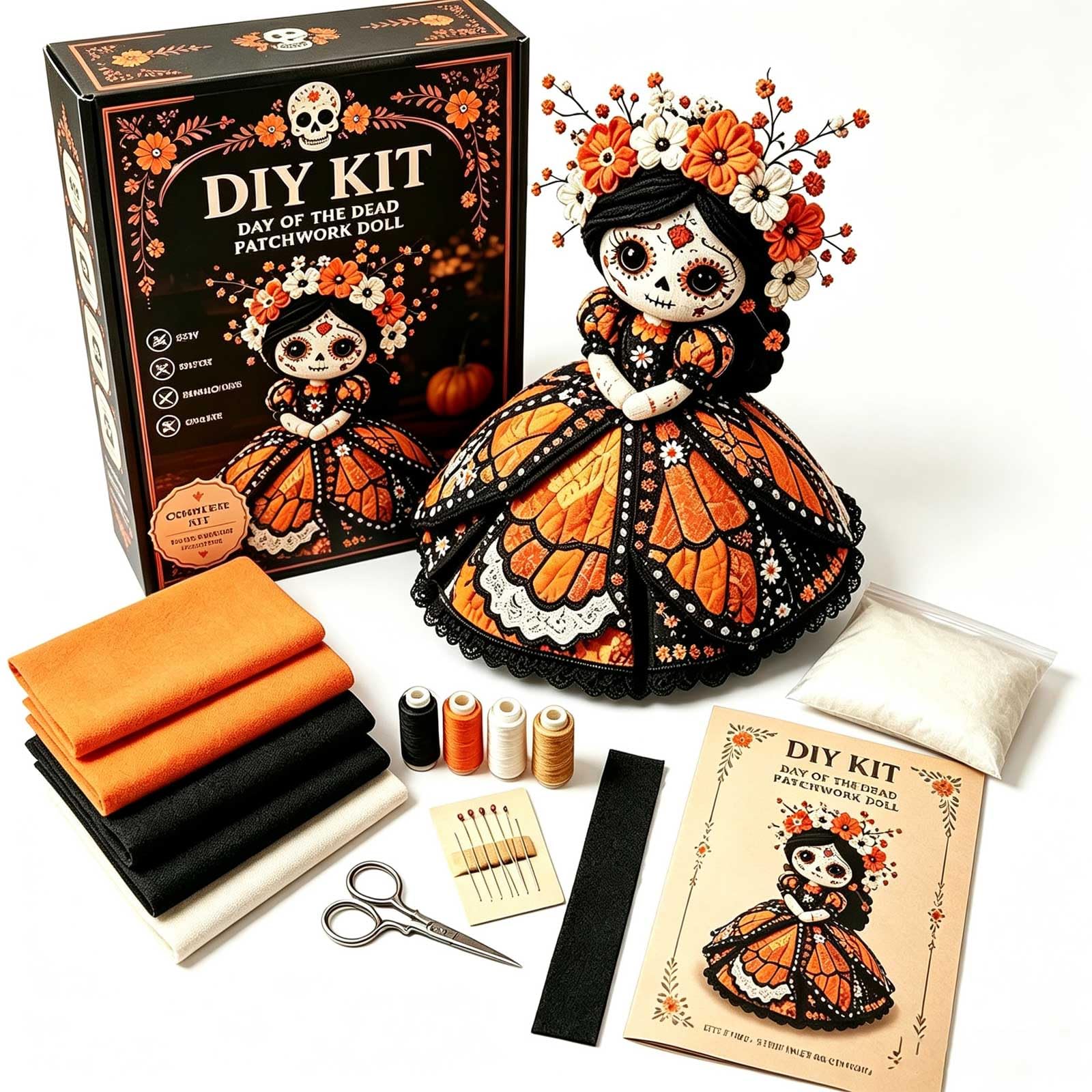 Halloween DIY Patchwork Kit,Day of the Dead Patchwork Doll DIY Kit,Sugar Skull Sewing Craft Kits,Handmade Fall Home Decor,Pre-Cut Plush Doll Making Sewing Set with Stuffing & Thread (D)