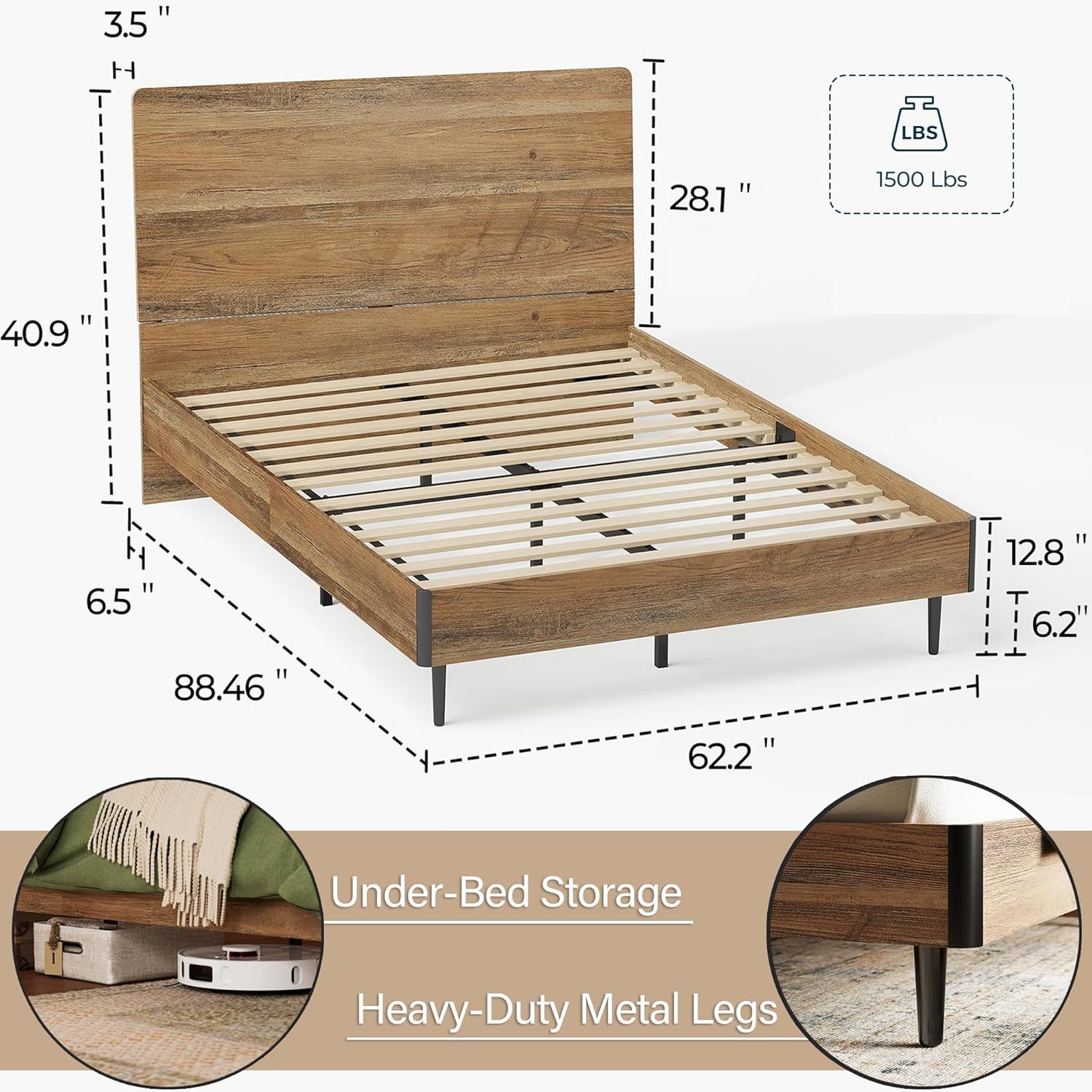 linsy wood bed frame with headboard, queen bedframe wooden platform frames vintage queen size bed frames, no box spring needed, easy assembly, rustic brown brown queen
