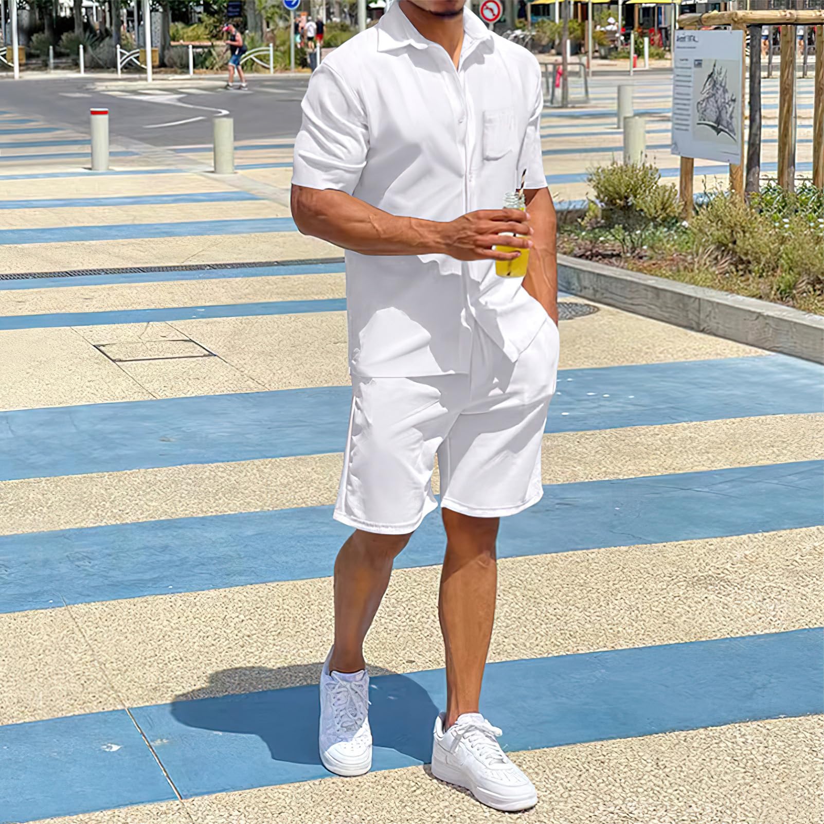 amropi Chándal Deportivo Manga Corta Camisa Botón Shorts Verano Conjunto
