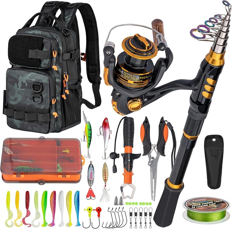 THKFISH Combo de caña y carrete de pesca con mochila, caja de aparejos de herramientas de pesca | Mochila telescópica impermeable para caña giratoria, señuelos de pesca, alicates, pinza para labios de pez para adultos, regalos de pesca de viaje para hombres