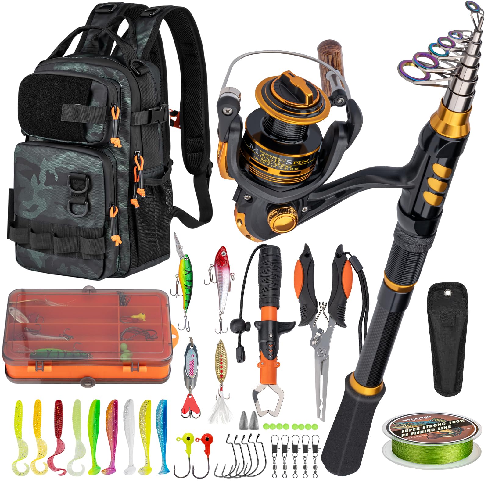 THKFISH Canna da pesca e mulinello Combo con zaino, kit telescopico con mulinello da pesca con esche, pinze e pinza per labbro di pesce per adulti