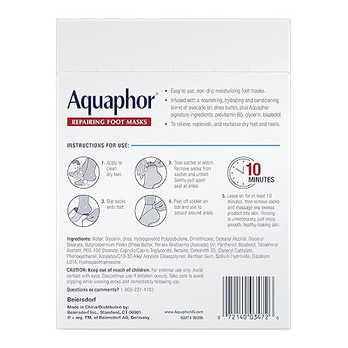 Miniatura 15 de Aquaphor Mascarillas reparadoras para pies, calcetines hidratantes para pies secos, tratamiento hidratante para el cuidado de los pies con aceite de