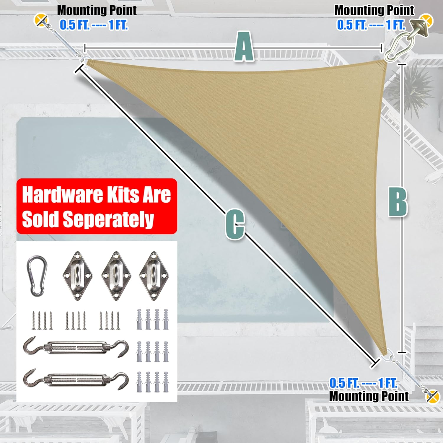 Amgo 16' x 16' x 22.6' Beige Right Triangle Sun Shade Sail UPF50+ Canopy Awning AGSLT, 95% UV Blockage, Water & Air Permeable, 200GSM Heavy Duty Commercial and Residential (We Make Custom Sizes)
