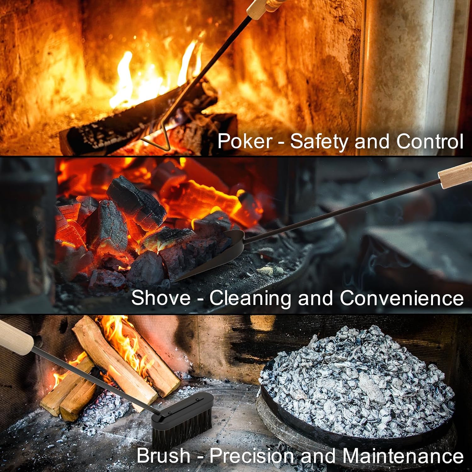 Fireplace Tools Set Indoor, 4-Piece with Hexagonal Stand & Hooks, No Assembly Needed, Black Iron and Wood Handle Poker, Shovel, Brush