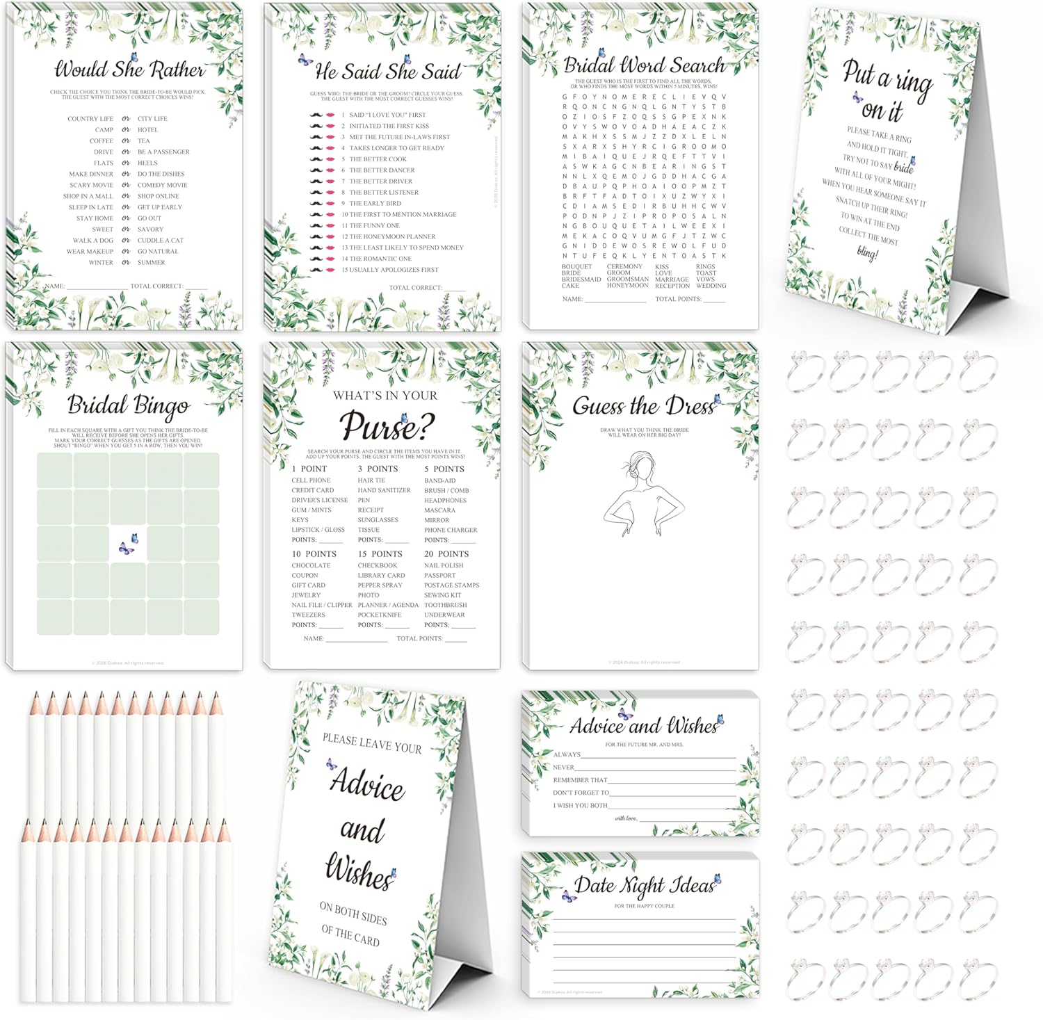 8-in-1 Bridal Shower Games Set for 50 Guests, Includes Guess the Dress, Would She Rather, Put a Ring on It, He Said She Said, Advice and Wishes -25 Pencils, 50 Metal Game Rings - Floral Theme
