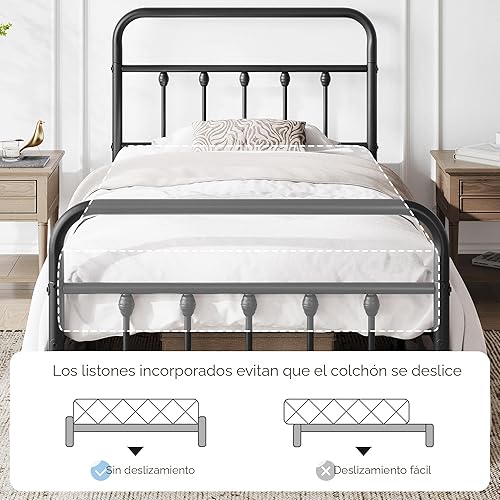 Miniatura 5 de YAHEETECH - Marco de cama de metal clásico con estructura de hierro y estilo victoriano, cabecero y pie, espacio debajo de la cama, no necesita base