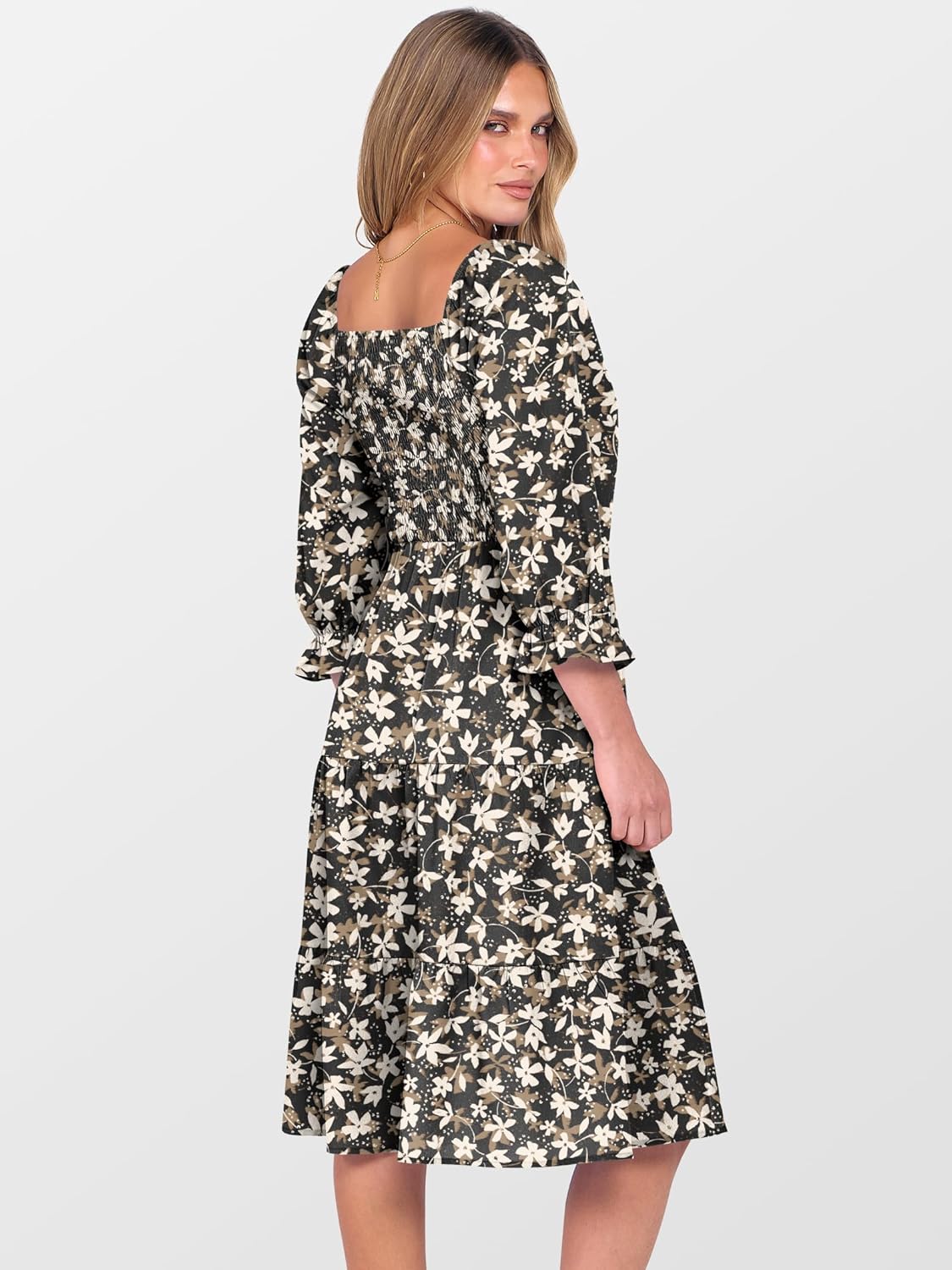 Caracilia Women 3/4 Sleeve Square Neck 2026 Summer Fall Wedding Guest Floral Smocked Casual Boho Midi Dresses - Image 6