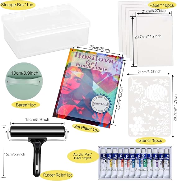 Reusable Gel Printing Plate Kit- 8 X 10 Gel Plate with Acrylic Paint, Printing Paper, Stencil, Storage Box, Rubber Roller, Baren, Easy Clean Plate,DIY Printmaking for Art Card Making, Scrapbooking