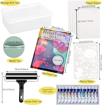 Reusable Gel Printing Plate Kit- 8 X 10 Gel Plate with Acrylic Paint, Printing Paper, Stencil, Storage Box, Rubber Roller, Baren, Easy Clean Plate,DIY Printmaking for Art Card Making, Scrapbooking