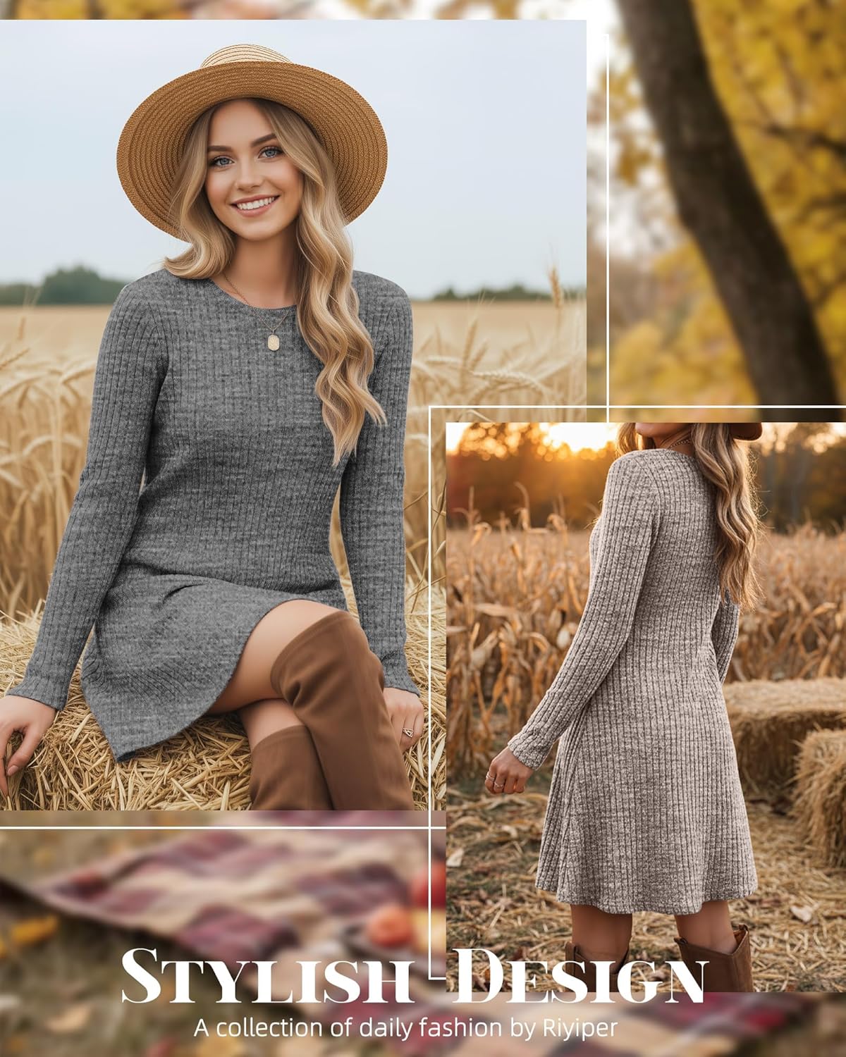 Riyiper 3 Pack Women's Long Sleeve Sweater Tunic Dresses - Loose Fitting Knit Crew Neck for Casual Fall Winter - Image 5