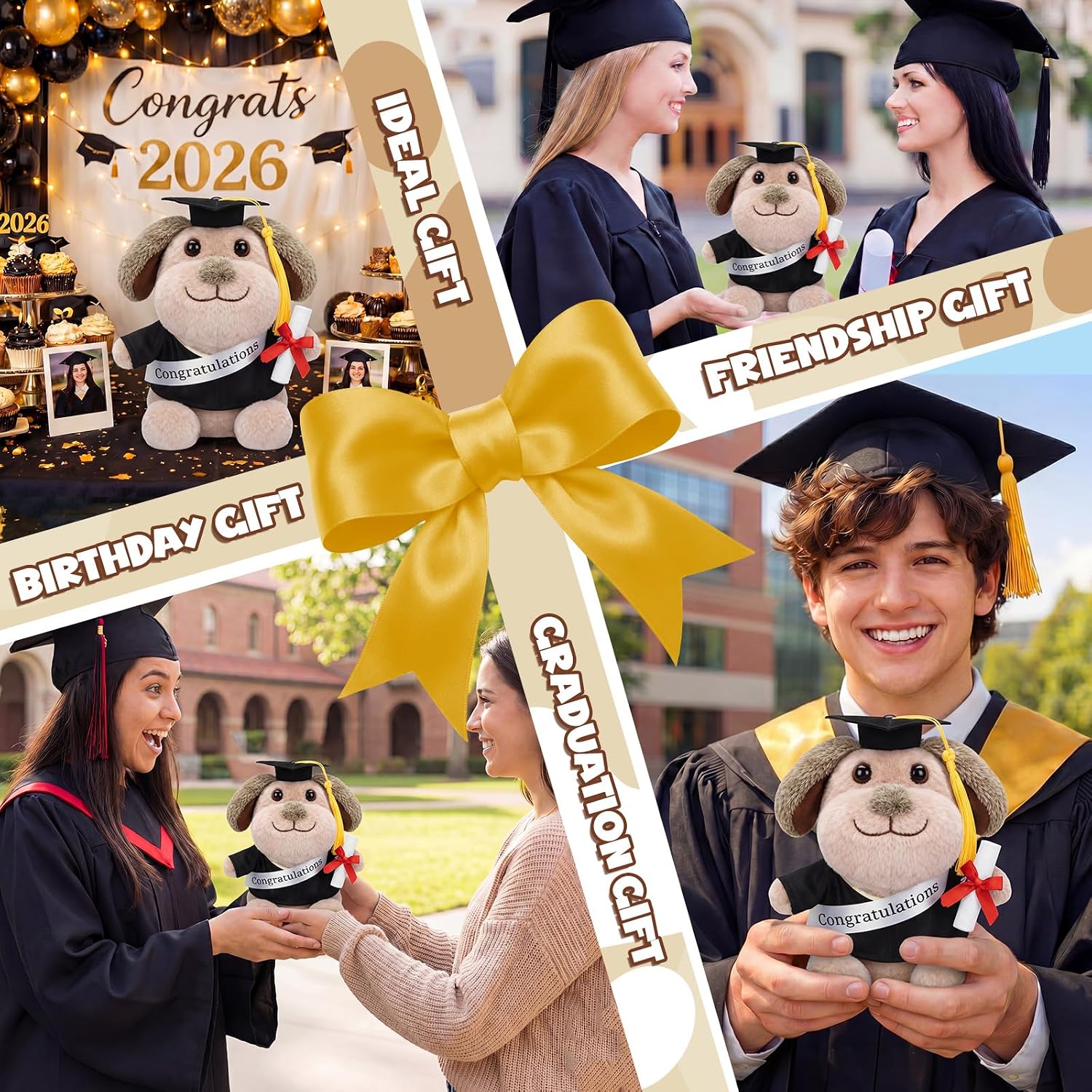 Hollowfly 2026 Graduation Dog Plush Toy Adorable Dog Stuffed Animal Graduation Gift Party Decoration for Man Women Girls Boys Kindergarten High School College Congratulatory Party Gifts
