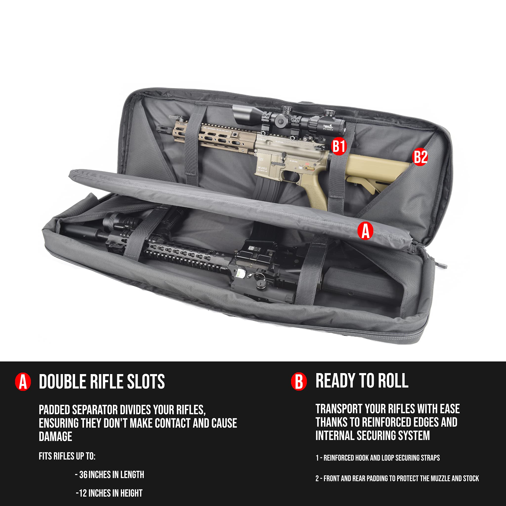 Lancer Tactical 600 Denier Polyester Double Carbine Soft Case Accessory Pouches MOLLE Webbing Secondary Gun Compartment Quick Detach Buckles Inner Storage Backpack Straps (DISRUPTIVE GRAY)