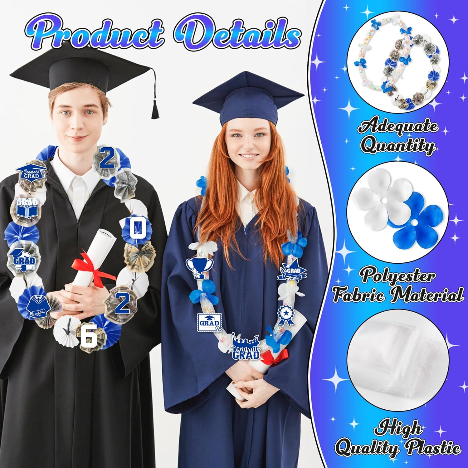WATINC Graduation Lei Making Kit - 207Pcs DIY Grad Candy Money Lei Supplies with Flower Sticker Plastic Bag, Class of 2026 Craft for High School College Grad, Party Decoration Gifts (Blue White)