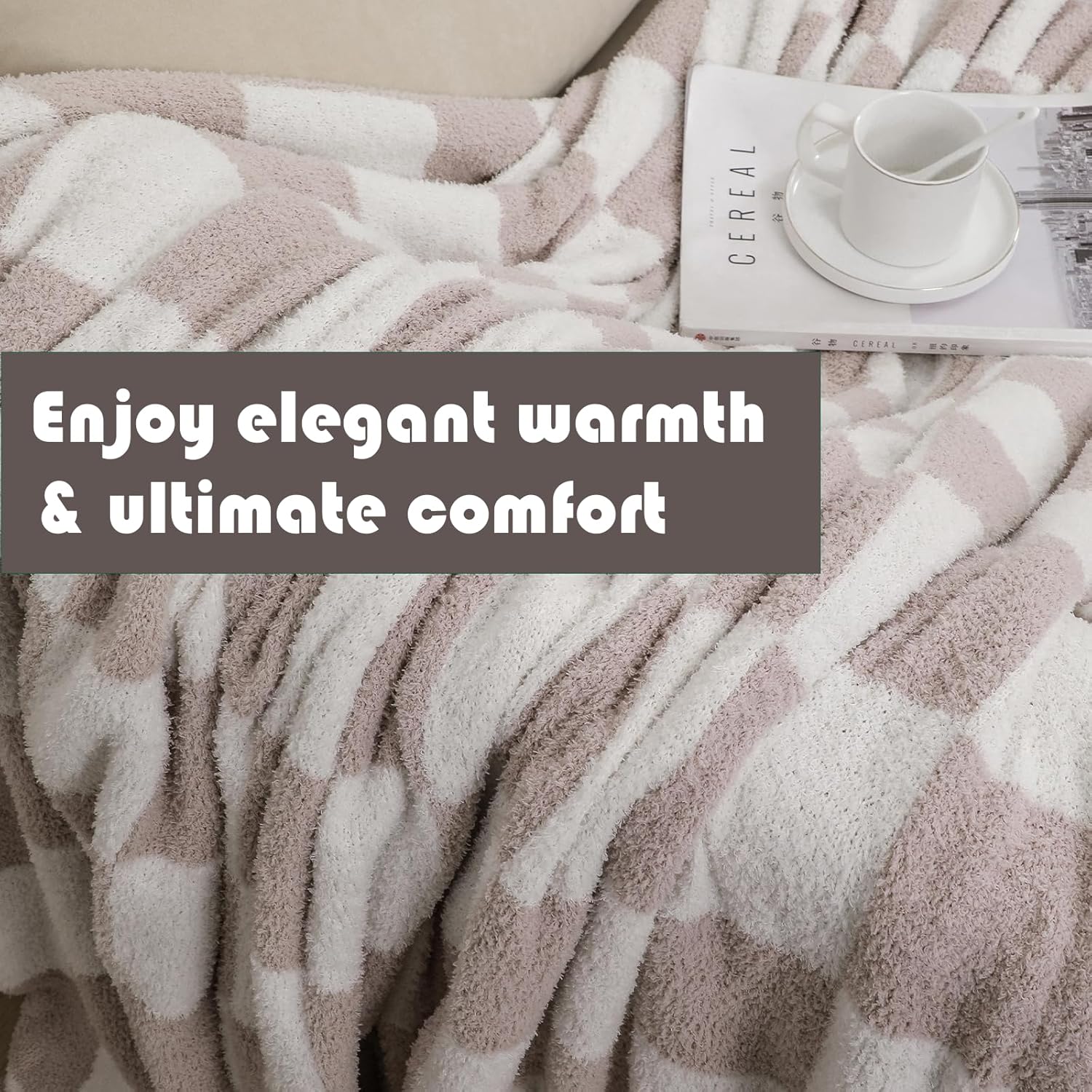 Microfiber Knit Throw Blanket, Checkerboard Grid Fuzzy Pattern, Soft Fluffy Cozy Warm Lightweight, for Sofa Bed Home Decor Carry, 50"x60", Cream/White - Image 2