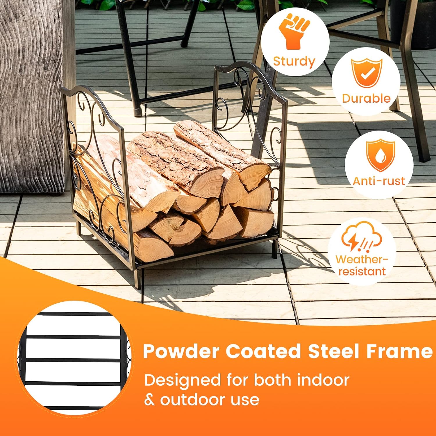Tangkula Firewood Rack, Indoor Outdoor Heavy Duty Steel Log Holder for Fireplace Wood Storage, Decorative Compact Firewood Storage Stand w/Raised Legs & Exquisite Patterns, Easy Assembly, Black