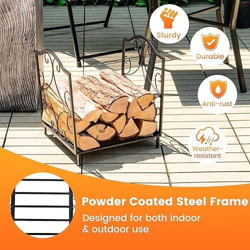 Miniatura 4 de Tangkula Estante para leña, soporte de tronco de acero resistente para interiores y exteriores, para almacenamiento de madera en chimenea, soporte