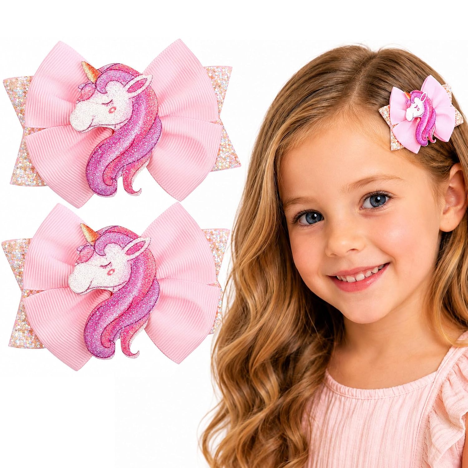 2Pcs Unicorn Hair Clips for Girls - Glitter Pink Bow Hair Barrettes with Sparkle Unicorn Design, Cute Alligator Clips Hair Accessories for Toddlers Kids Teens, Perfect for Birthday Party Daily Wear