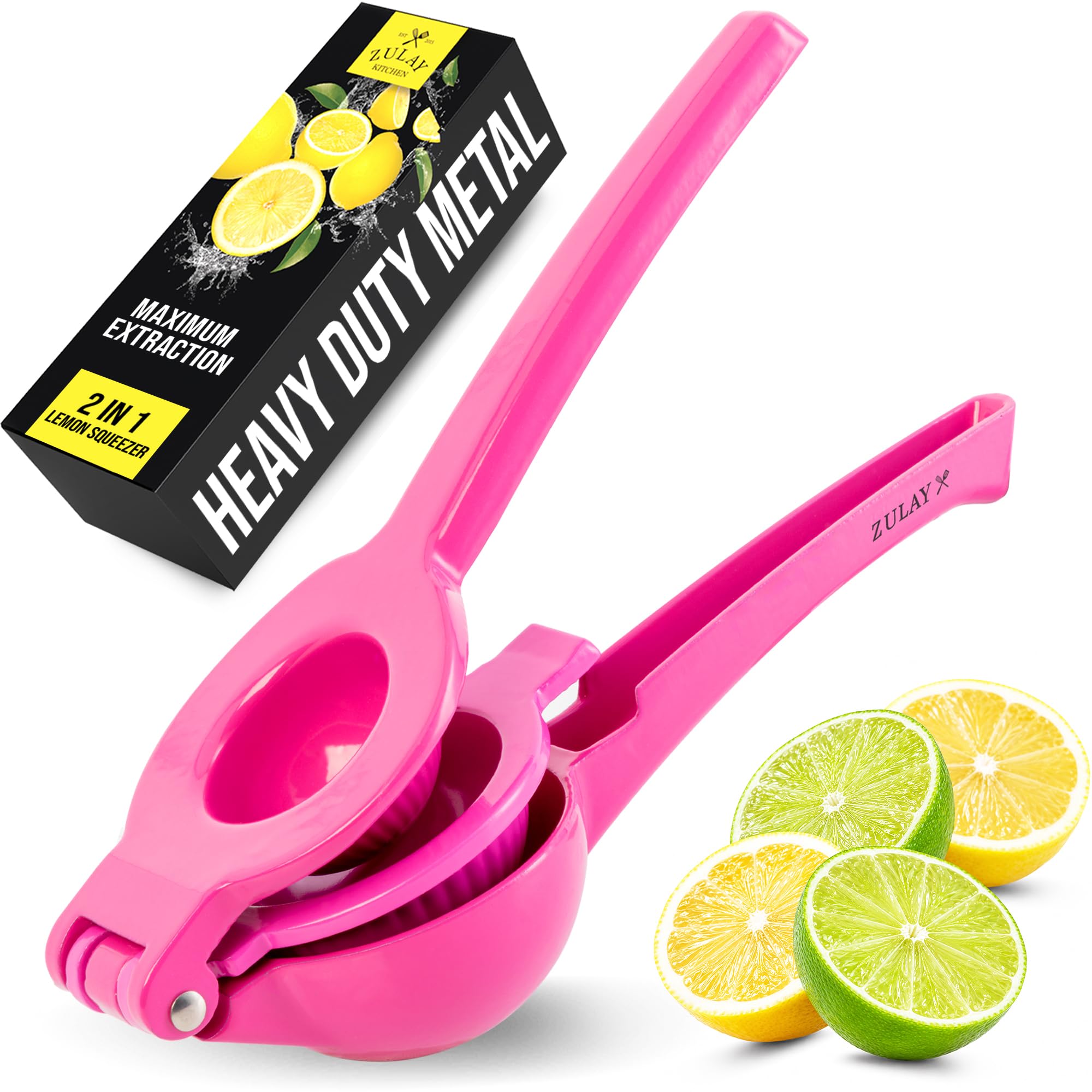 Zulay Kitchen Metal 2-in-1 Lemon Squeezer - Sturdy Max Extraction Hand Juicer Lemon Squeezer Gets Every Last Drop - Easy to Clean Manual Citrus Juicer - Easy-Use Lemon Juicer Squeezer - Dragonfruit