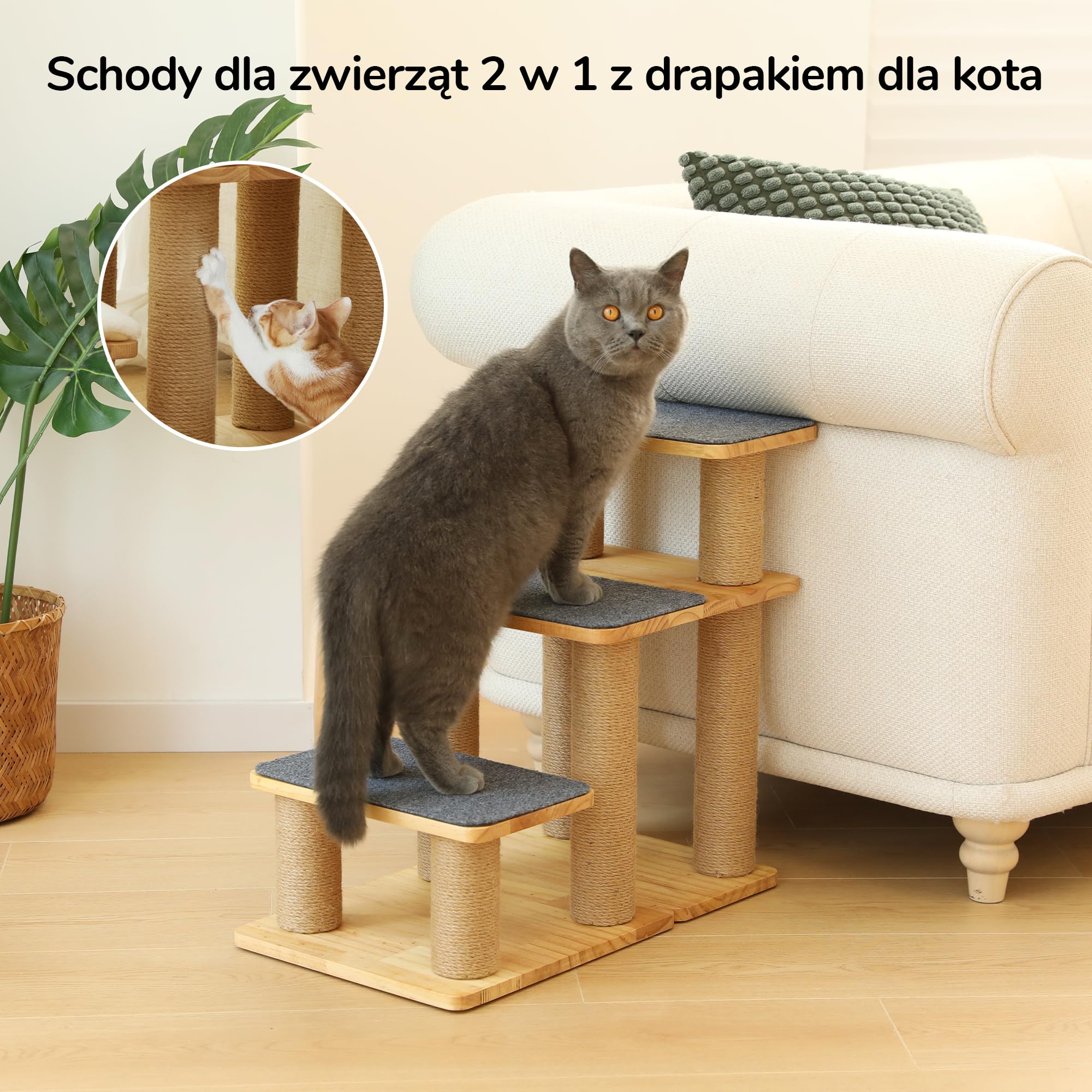 FUKUMARU Drabinka dla kotów i psów, schody dla zwierząt z litego drewna z drapaczem, transformowalna rampa do łóżek i sof, nośność 90 kg, 6+ kombinacji, 51 cm