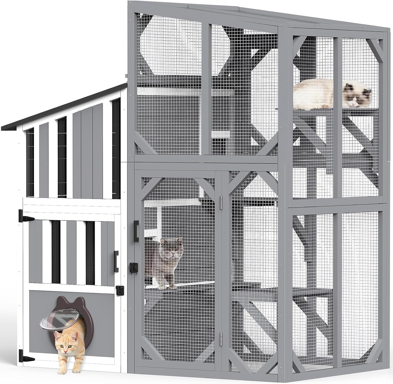 69"H Catio 3 Tiers Large Cat Enclosures House for Outdoor Indoor Use, Feral Cats Shelter with Window Access, Adjustable Two-way Access Hole, Weatherproof Roof, 3 Resting Rooms, 3 Platforms