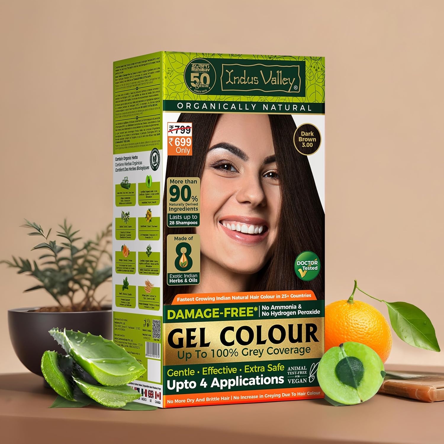 Indus Valley Natural Organic Damage Free Gel Hair Dye | Organic Hair Colour, Ammonia Free, Vegan & Cruelty Free | Up to 100% Gray Coverage, Long Lasting Results |Dark Brown 3.0 (20gram+200ml)
