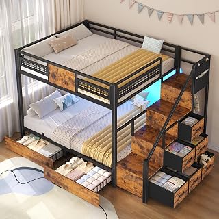 Bunk Bed Full Over Full with Stairs, Storage Drawers and LED Lights | Full Bunk Bed, 8 Storage Drawers for Kids, Hanging Area, Full-length Guardrail, Metal Bunk Beds for Boys Room, Space-saving