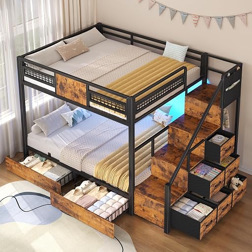BTHFST Bunk Bed Full Over Full with Stairs, Storage Drawers and LED Lights | 8 Drawers, Heavy Duty Bunk Bed, Hanging Area, Full-length Guardrail, Space-saving Bed for Dorm, Bedroom, Apartment