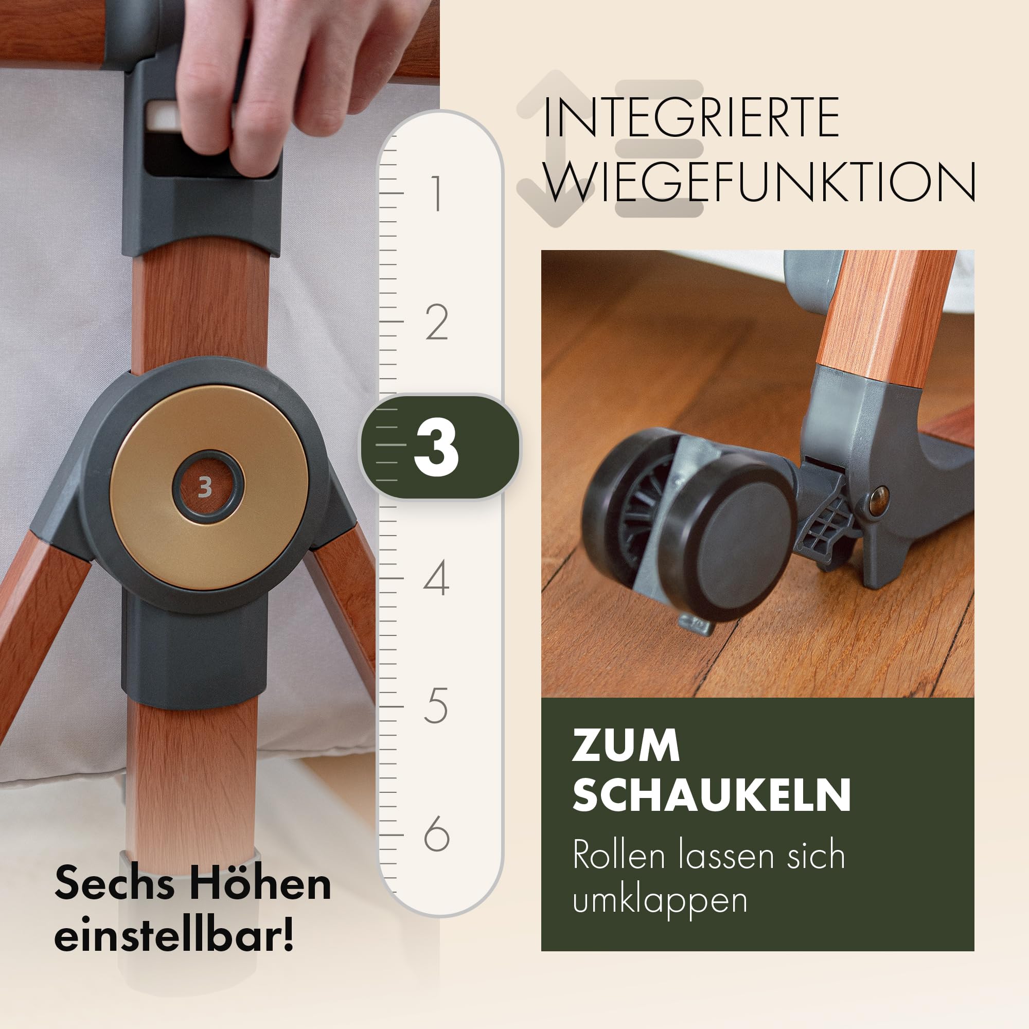 KUNU Babybett Beistellbett mit Rollen für Boxspringbett 3 in 1 rollbares Baby Bett Reise Babywiege Stubenwagen höhenverstellbar inkl Reisetasche