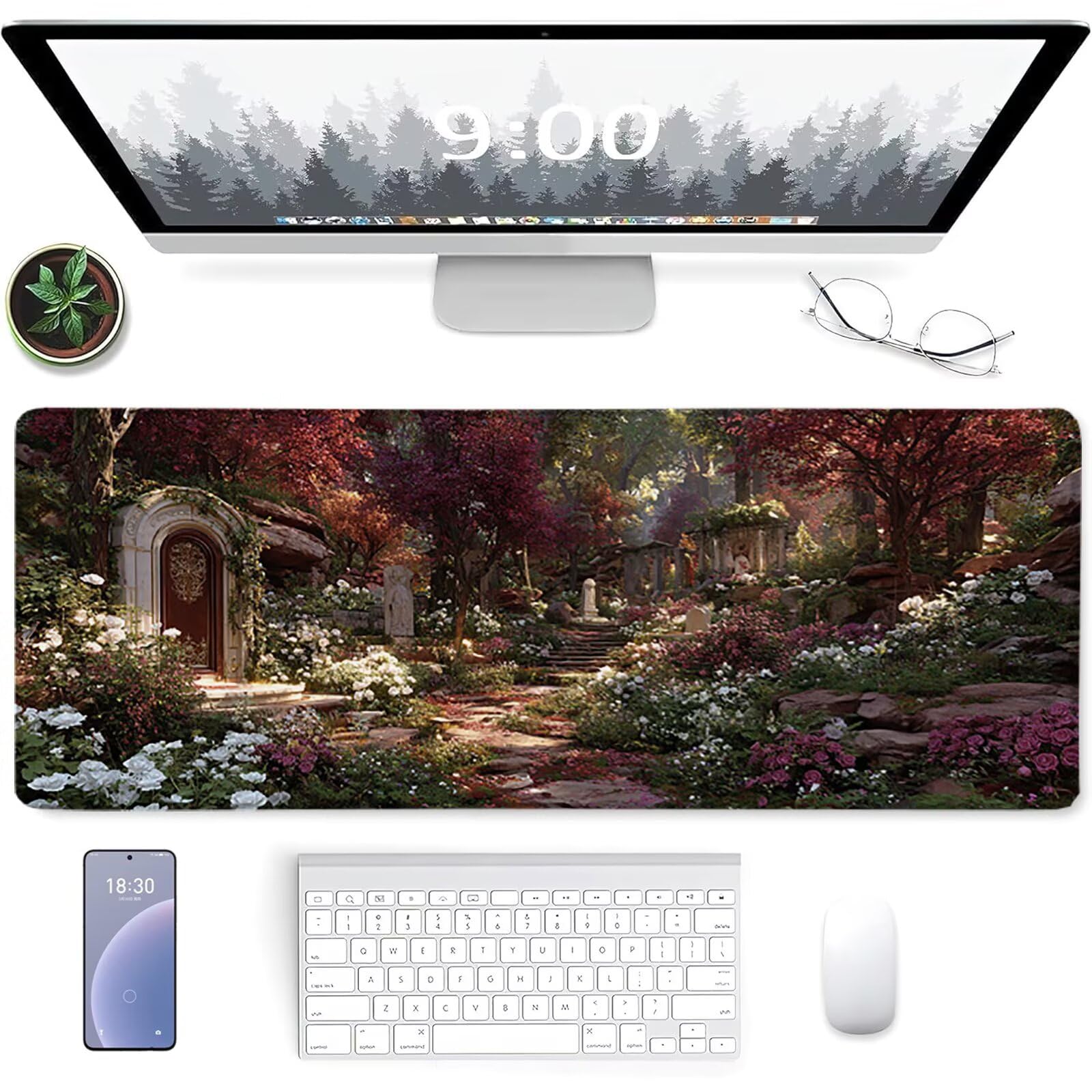 Podkładka pod mysz XXL roślina krajobraz podkładka na biurko 1600 x 800 x 3 mm, podkładka na biurko z antypoślizgową gumową podstawą, podkładka pod mysz do gier z szytymi krawędziami, akcesoria do