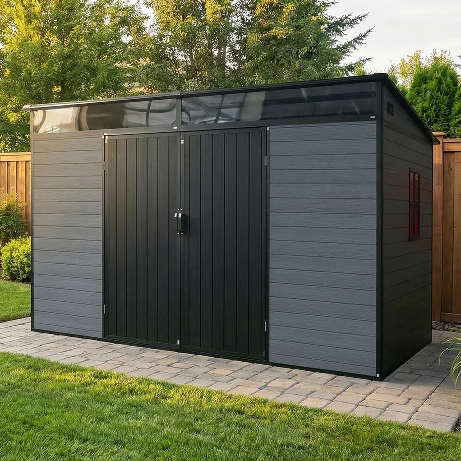 LANTRO JS Outdoor Storage Shed, 8x14x7.6FT Plastic Storage Shed with 2 Windows and Strong Aluminum Frame for Garden Tools, Bike, Lawnmower, White and Brown