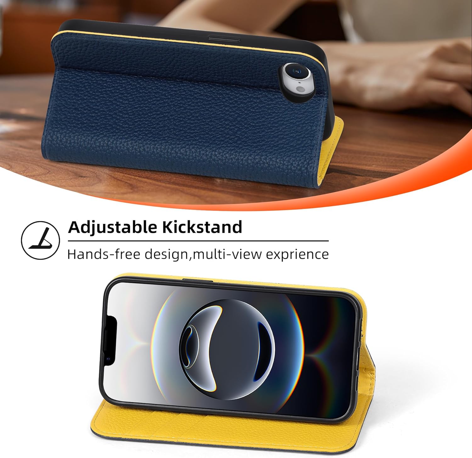VISOUL Wallet Case for iPhone 17e/16e, Pebbled Leather Flip Folio Case with 3 Card Holders Kickstand [Shockproof TPU Inner Shell] Phone Cover for iPhone 17e 2026/16e 2025 6.1"-Blue+Yellow