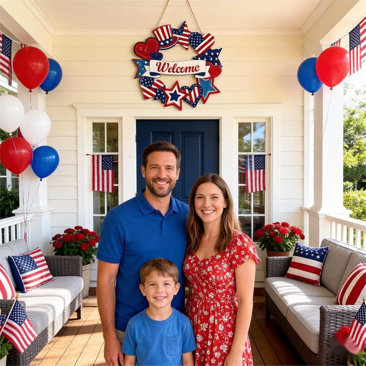 4th of July Wreath, Vintage Red White Blue Star Welcome Hanging Sign, Patriotic Wreath for Front Door, Indoor Outdoor Farmhouse Home Party Decor, Fourth of July Wreaths for Front Door Holiday Ornament