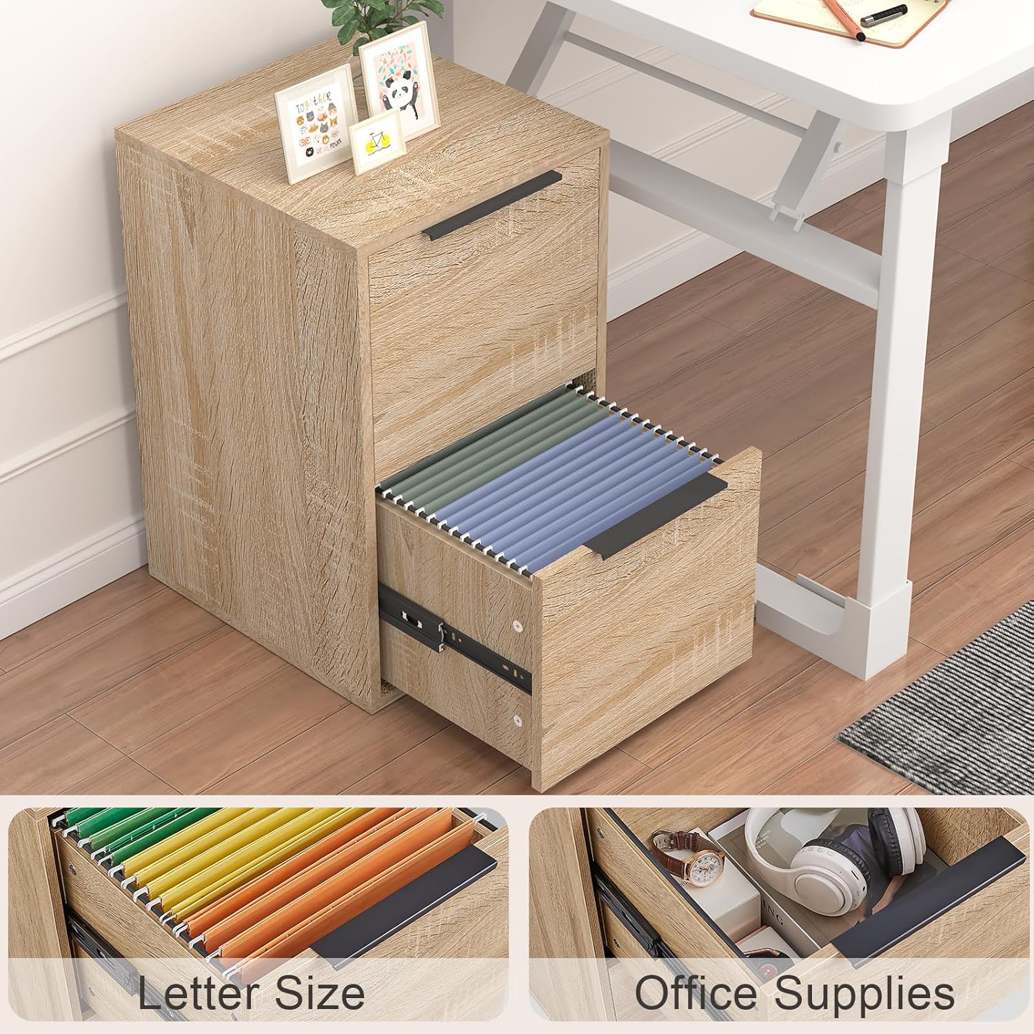 2 Drawer File Cabinet, Wood Filing Cabinet for Letter Size Filings, Under Desk Small Filing Cabinets for Home Office, Oak thumbnail