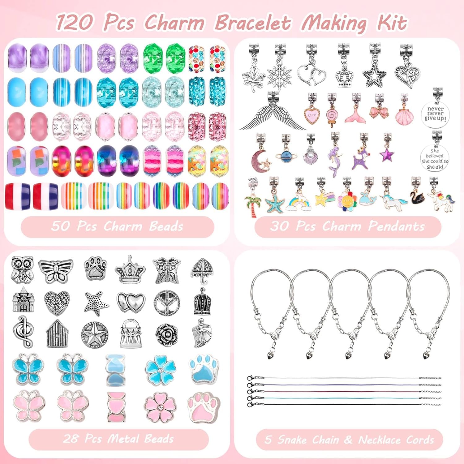 UFU Charm Bracelet Making Kit, 120Pcs DIY Jewelry Making Kit Arts & Crafts Gift for Girls 5 6 7 8-12, A Sweet Birthday Gift & Toy to Inspire Imagination & Creativity, with Portable Jewelry Box