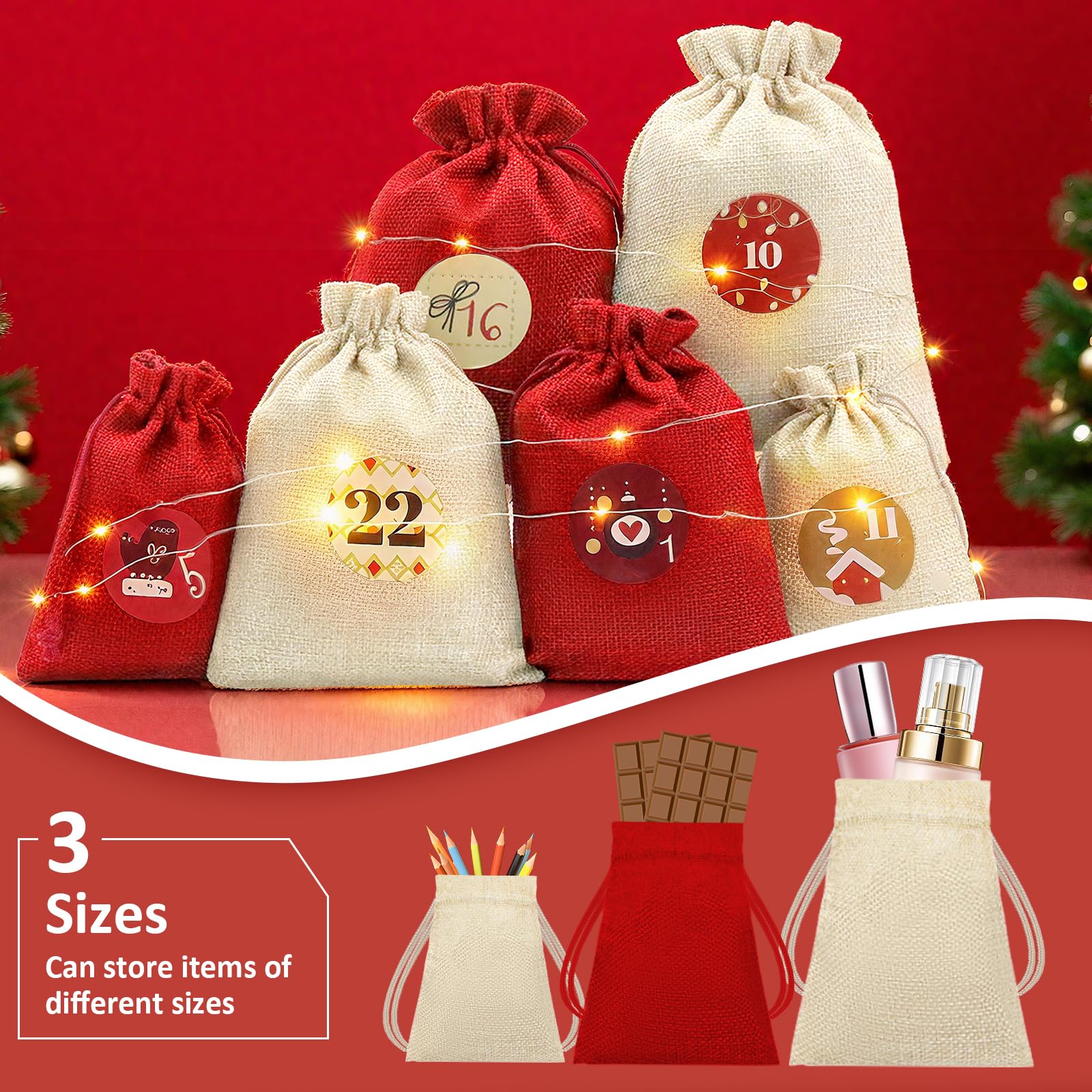 Juego de calendario de Adviento para rellenar, 24 bolsas de tela beige y rojas