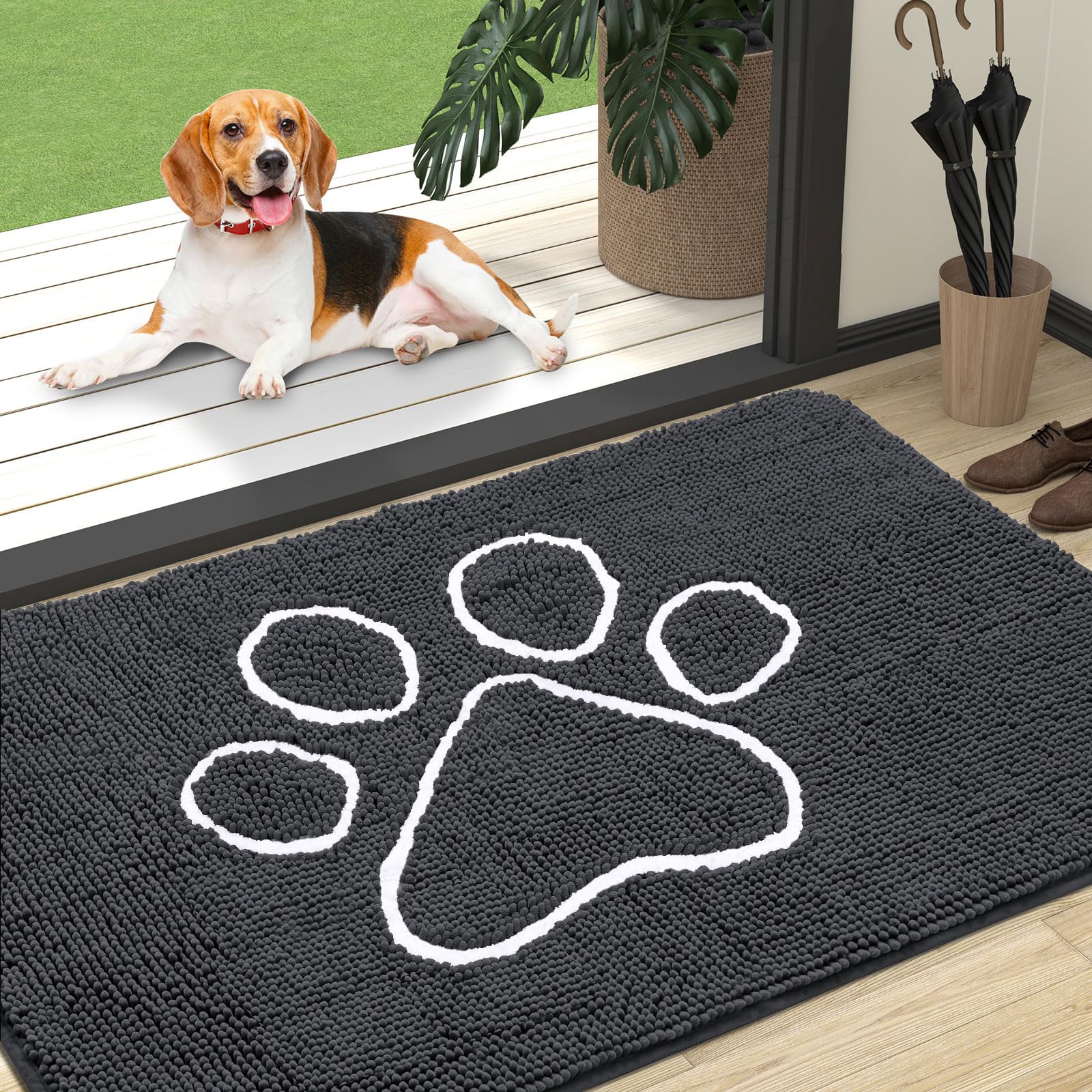 OLANLY Dog Door Mat for Muddy Paws 47x32, Paw Print Design Chenille Mud Mat