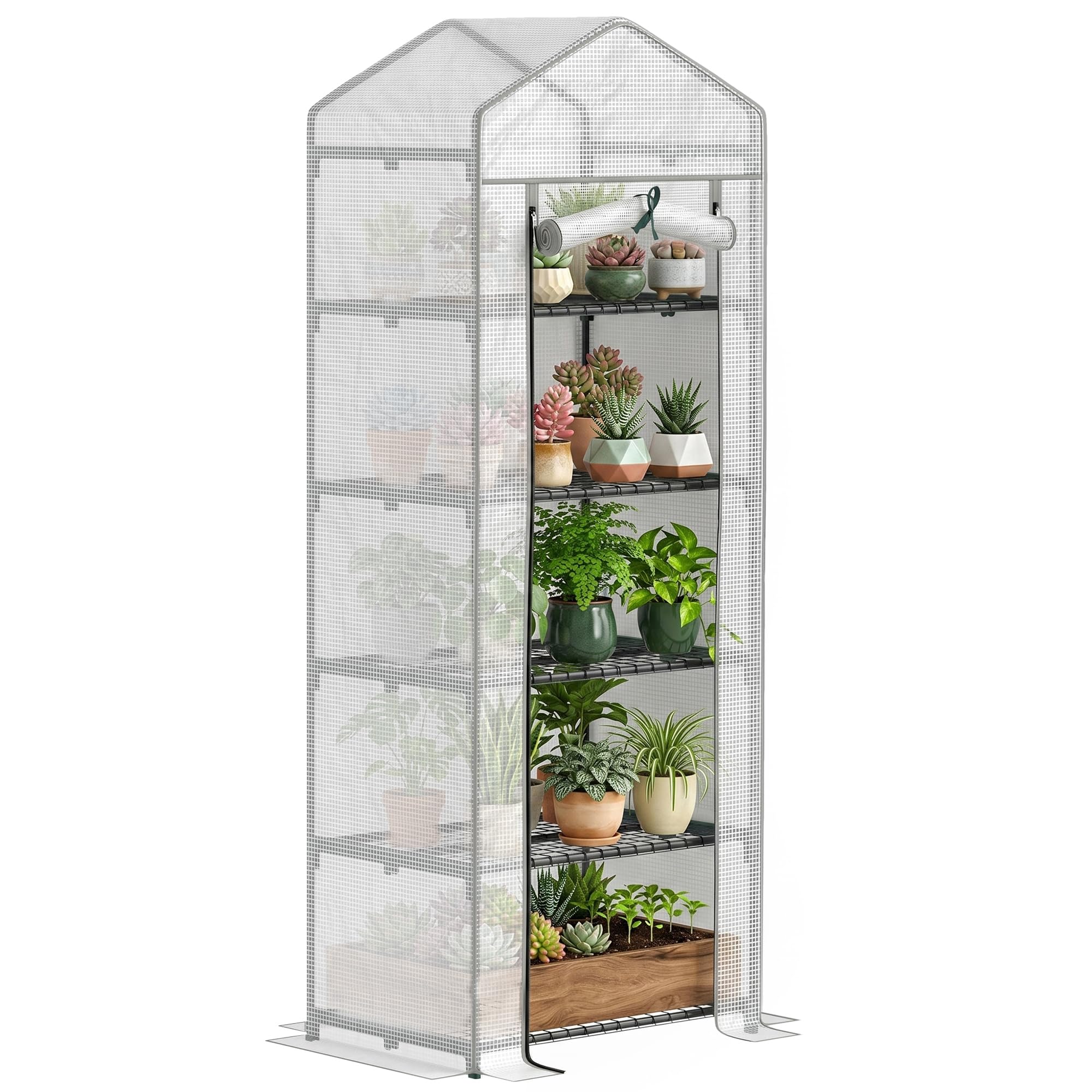 Outsunny 5 Tier Mini Greenhouse Grow House w/ Roll Up Door - White/Grey - White/Grey  | TJ Hughes White