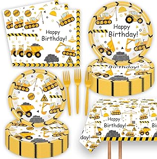 51 Pcs Construction Birthday Party Supplies Dump Truck Tablecloth Paper Plates Napkins Forks Dinnerware for Construction Baby Shower 1st 2nd 3rd 4th Birthday Party Supplies Decorations