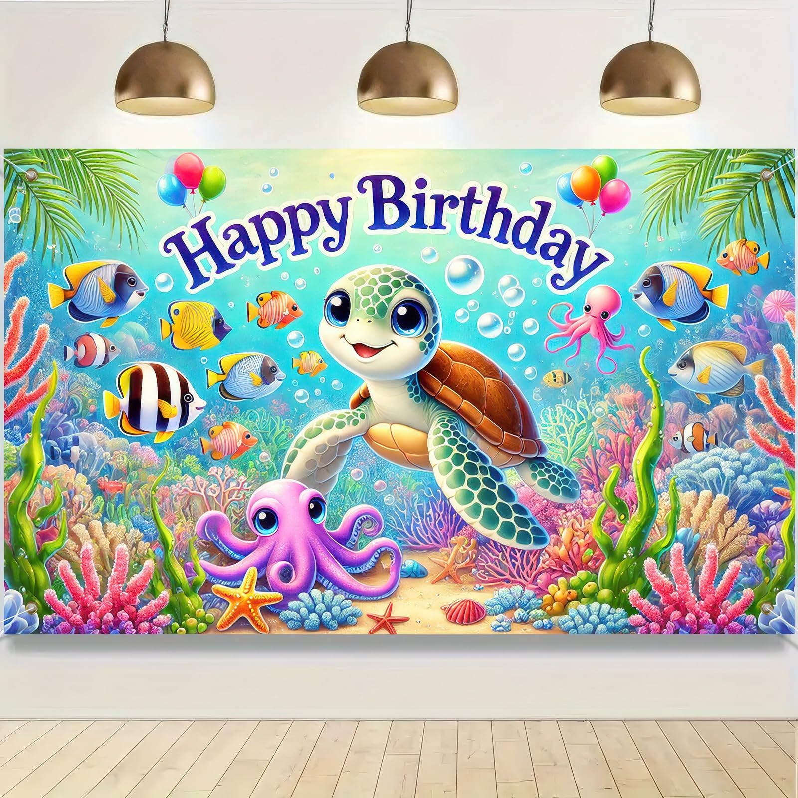 BlissYard Turtle Birthday Decorations 71x43 Inch Turtle Happy Birthday Banner Ocean Animal Backdrop Ocean Theme Party Photography Background for