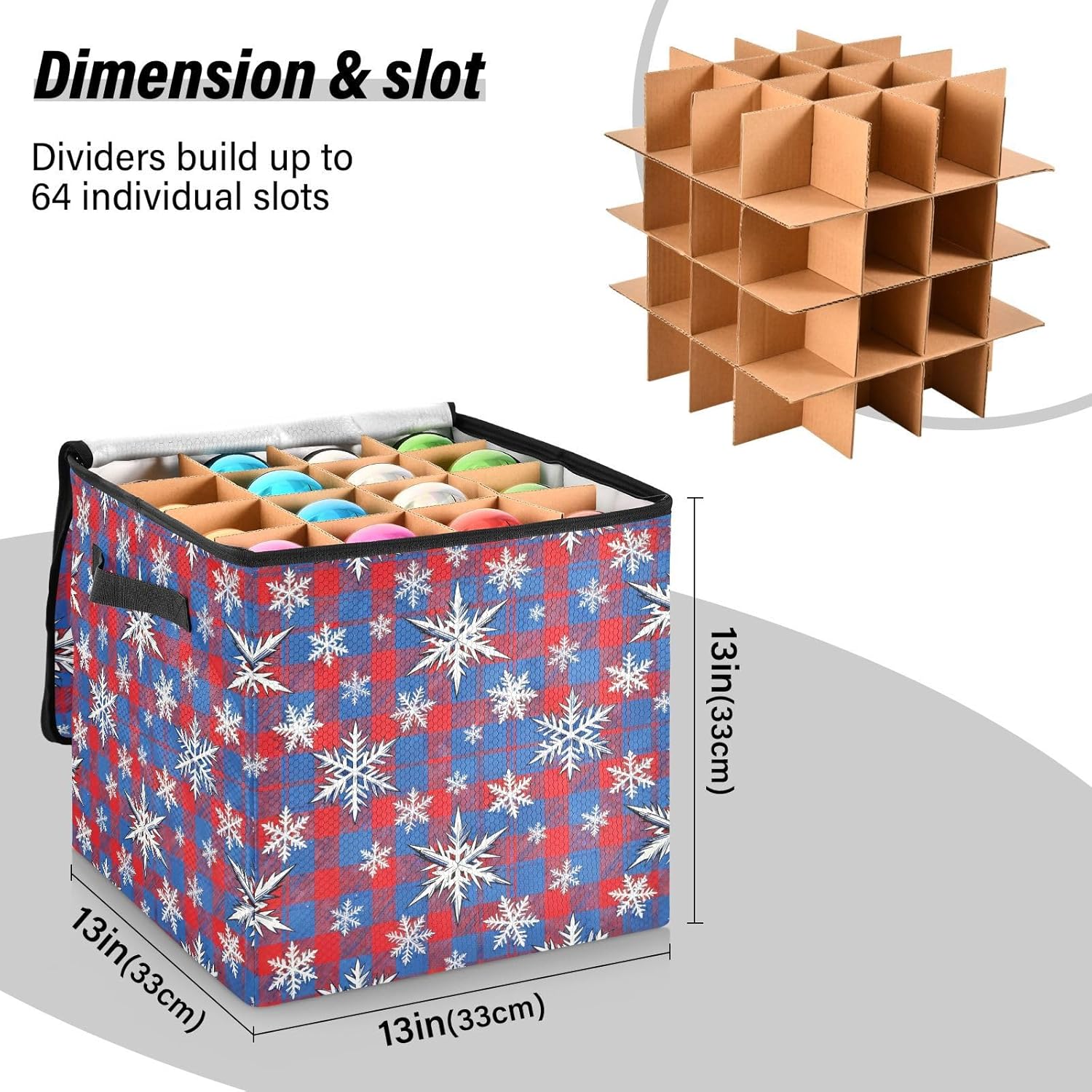 High Capacity Christmas Ornament Storage Box Holds Up to 64, Zippered Top foldable Holiday Storage Case with Lid,Christmas Red and Blue Plaid White Snowflakes