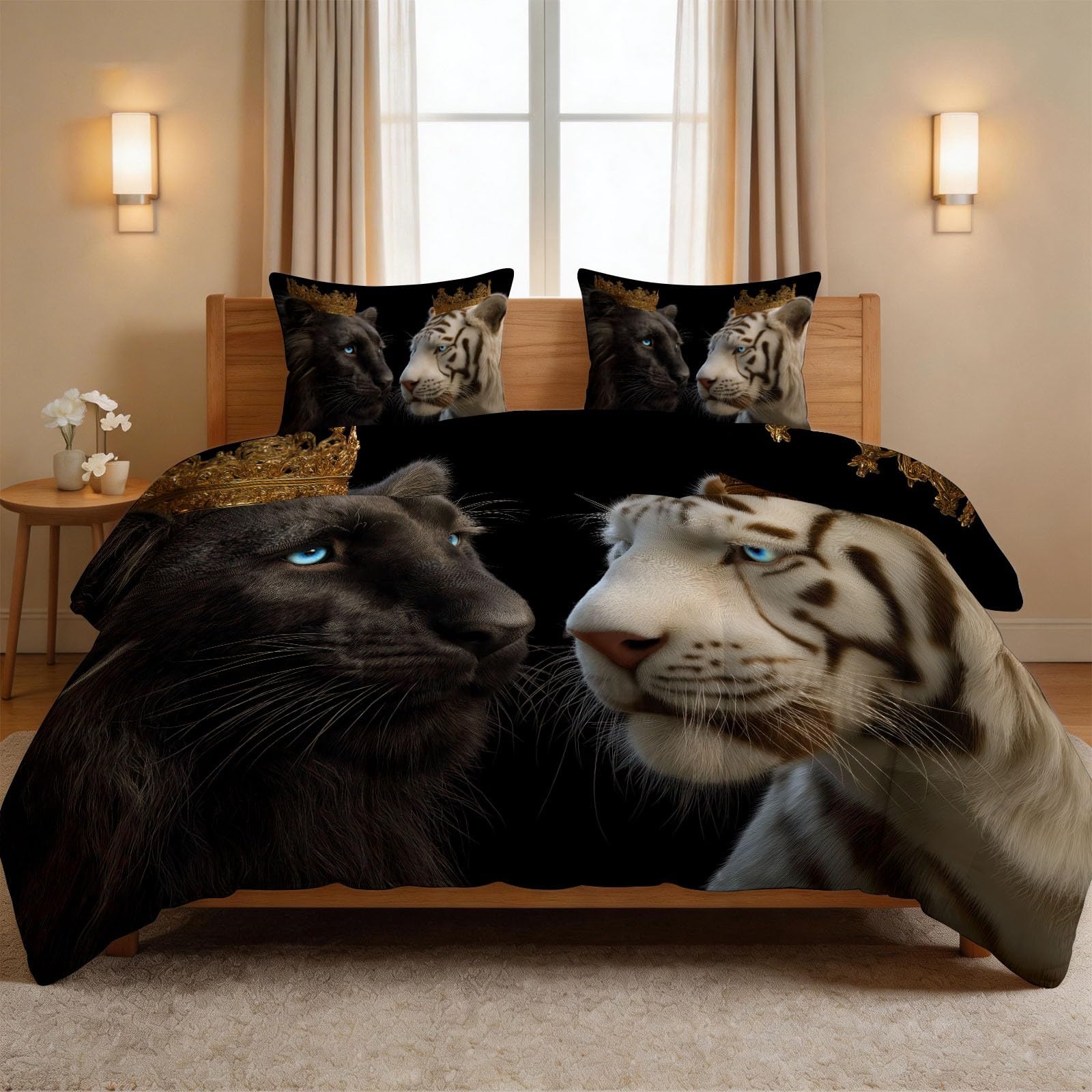 Couette imprimée lion tigre 155x220 pour chambre d'enfant et ado | Ambiance jungle réversible