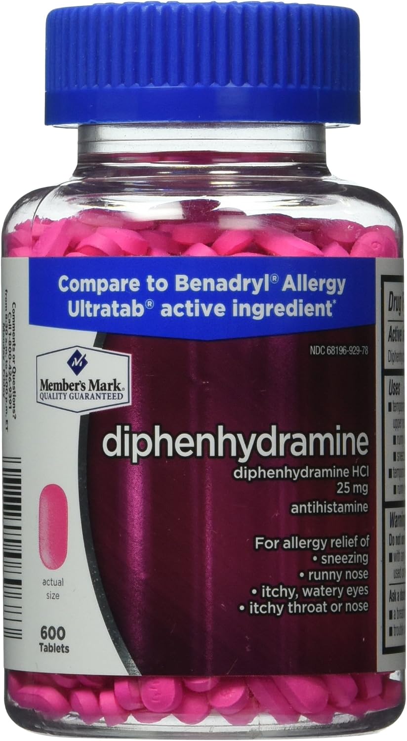 Member's Mark Diphenhydramine HCl 25mg Antihistamine Allergy Relief (1 Bottle (600 Tablets))