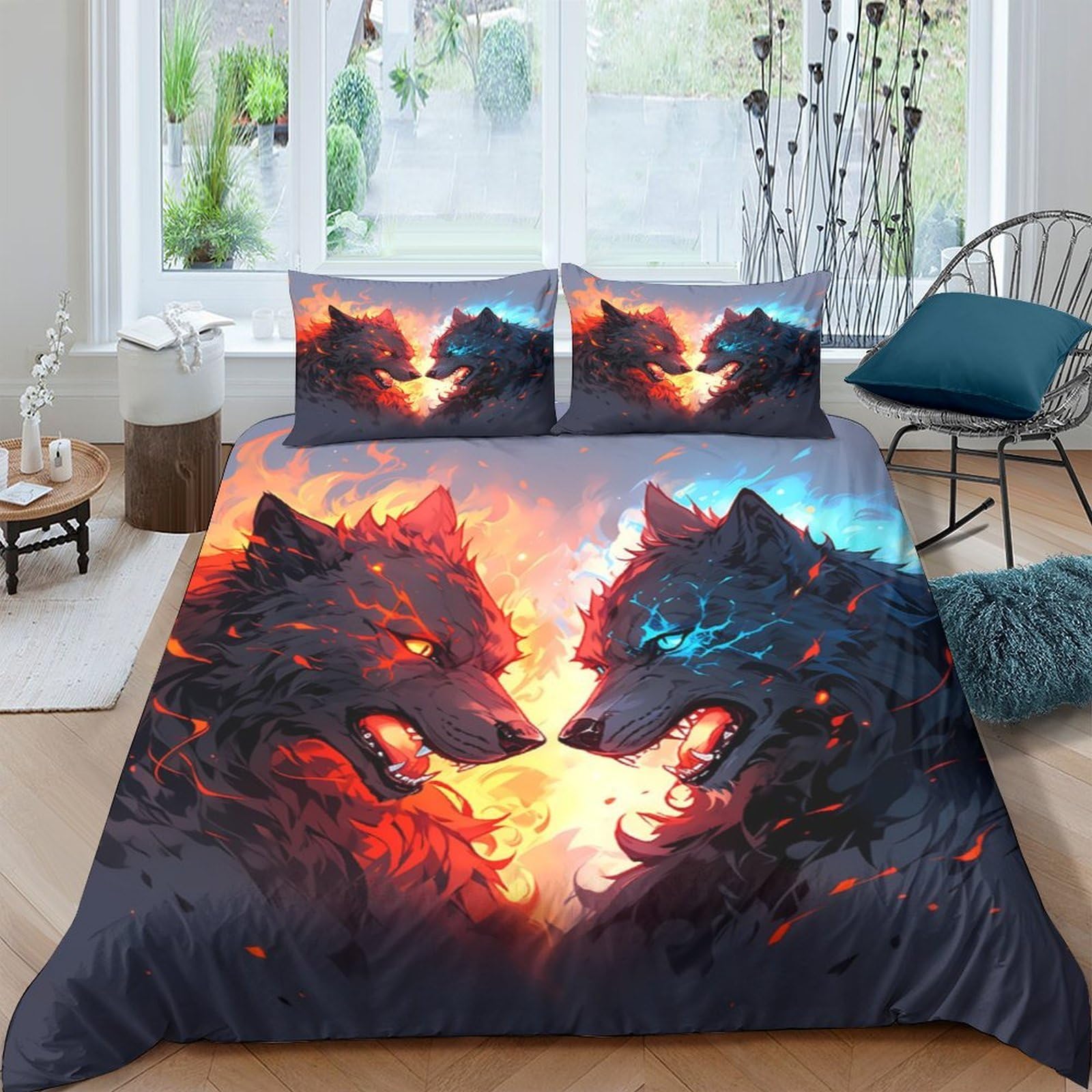 Ctjqhvkz Style-8 3D Printed Fire Wolf Fitted Sheet Microfiber Soft Artistic Ice Wolf Mattress Cover For Bedroom Dorm Decor Single（135X200cm）