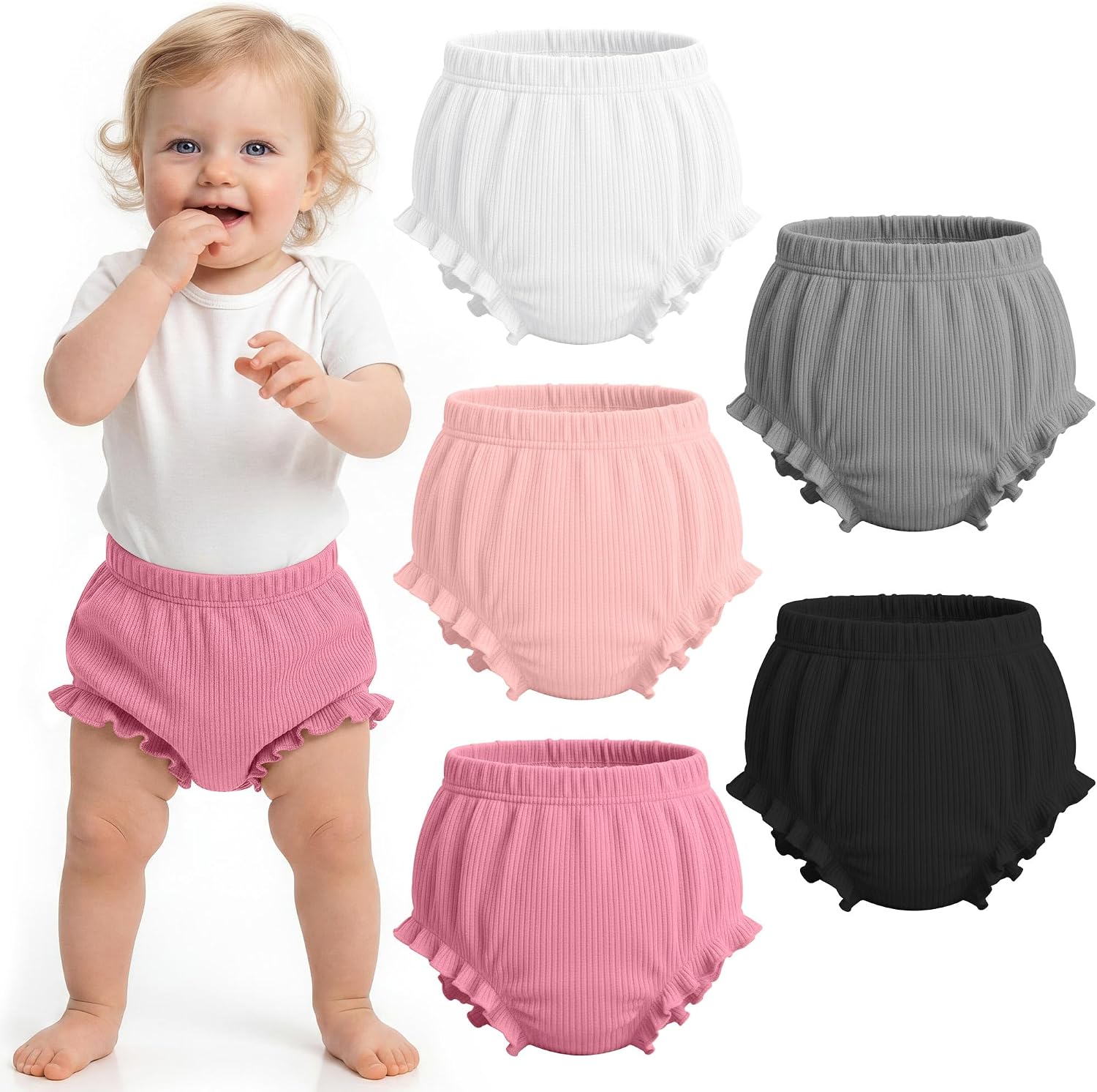Yooo's Vivi 5 Pack Bloomers for Baby Boys Girls Diaper Covers for Toddler Cotton Ruffle Baby Shorts Summer Toddler Underwear