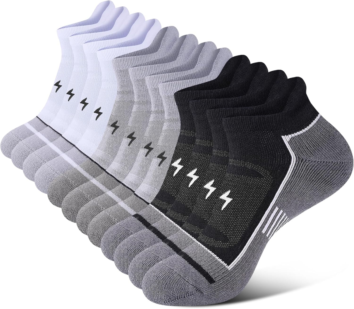 Mens Ankle Running Socks, Athletic Cushioned Low Cut Moisture Wicking Cotton Short Sports Socks, 6 Pairs 12-14 Black White Grey
