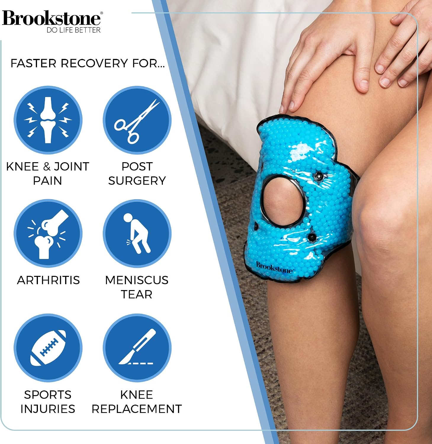 Brookstone Knee Ice Pack Wrap with Silica Beads - Hot & Cold Therapy for Pain Relief - Reusable Ice Packs for Knees for Swelling, Injuries & Post-Surgery Recovery, Ideal Mothers Day Gift, Azure Blue