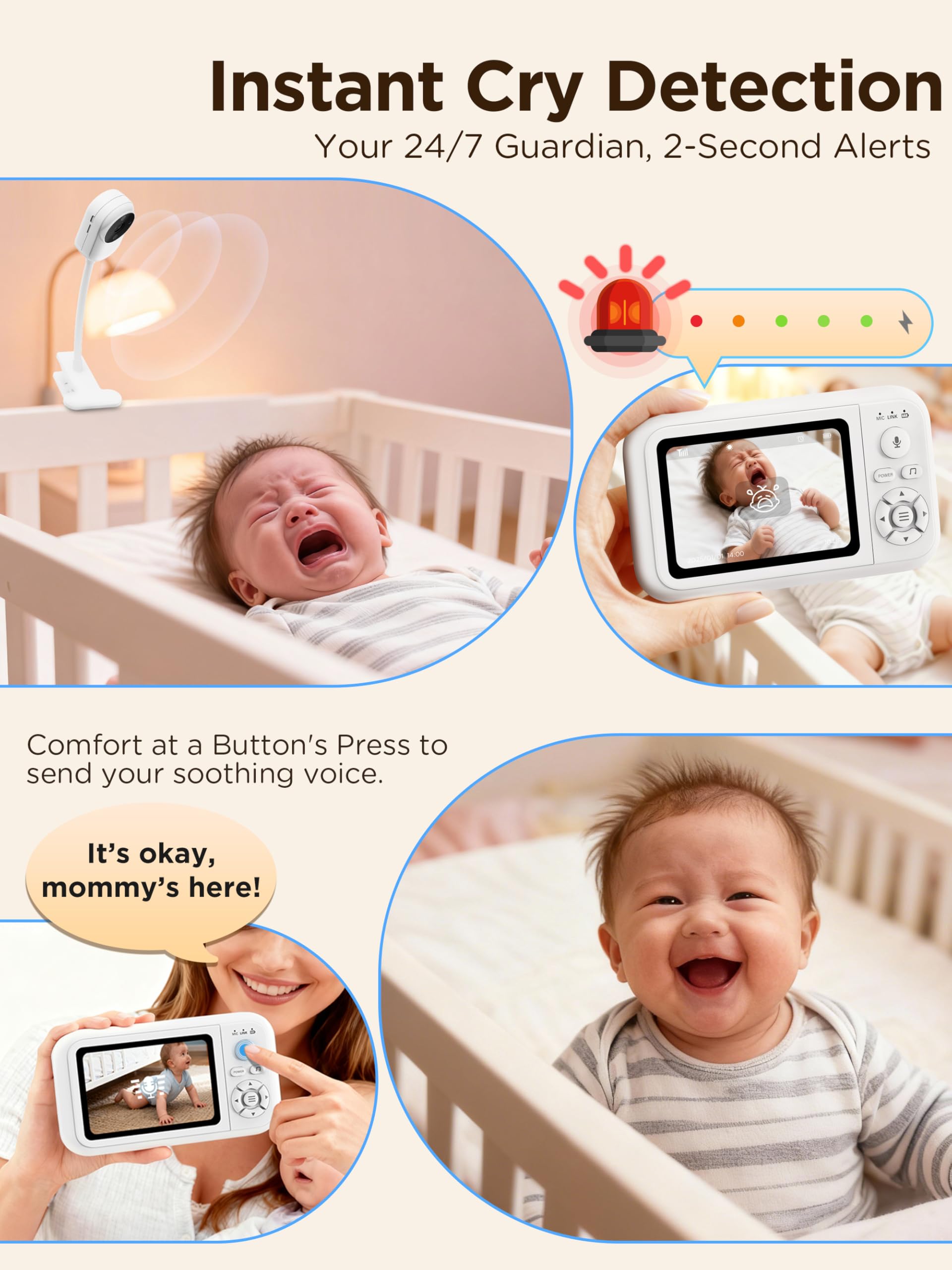 Baby Monitor with Camera and Night Vision, 1080P Baby Camera No WiFi with Holder&Cot Clip, 2-Way Audio, Cry&Temp Detection - Image 4
