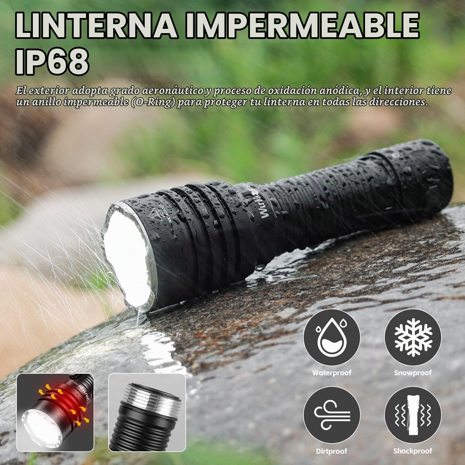 Wurkkos TS23 Linterna Led Táctica Recargable 5000 Lumens | 482m de Largo Alcance Potente Linterna de Militar, IP68 Impermeable, para Camping Aire Libre Senderismo Emergencia-Negro