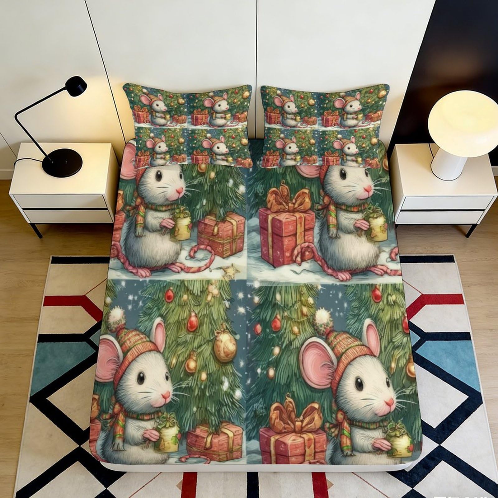 Wtorimpel Style-8 3D Printed Christmas Mouse Fitted Sheet Microfiber Deep Pocket Bedroom Bedding Non-Slip Xmas Tree Mattress Fitted Cover All Ages Washable 200X200x25cm